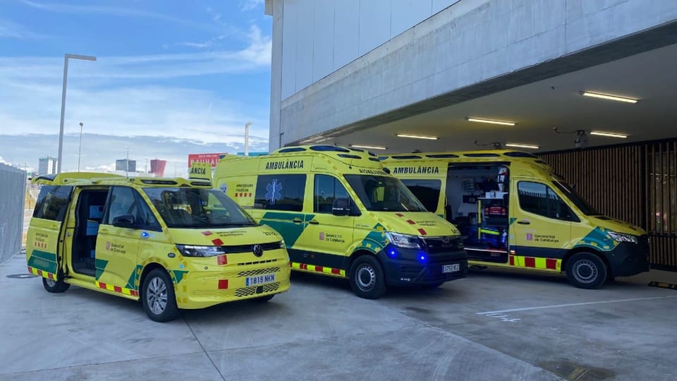 Ambulances of the SEM, Catalonia's medical emergency service, at a hospital bay