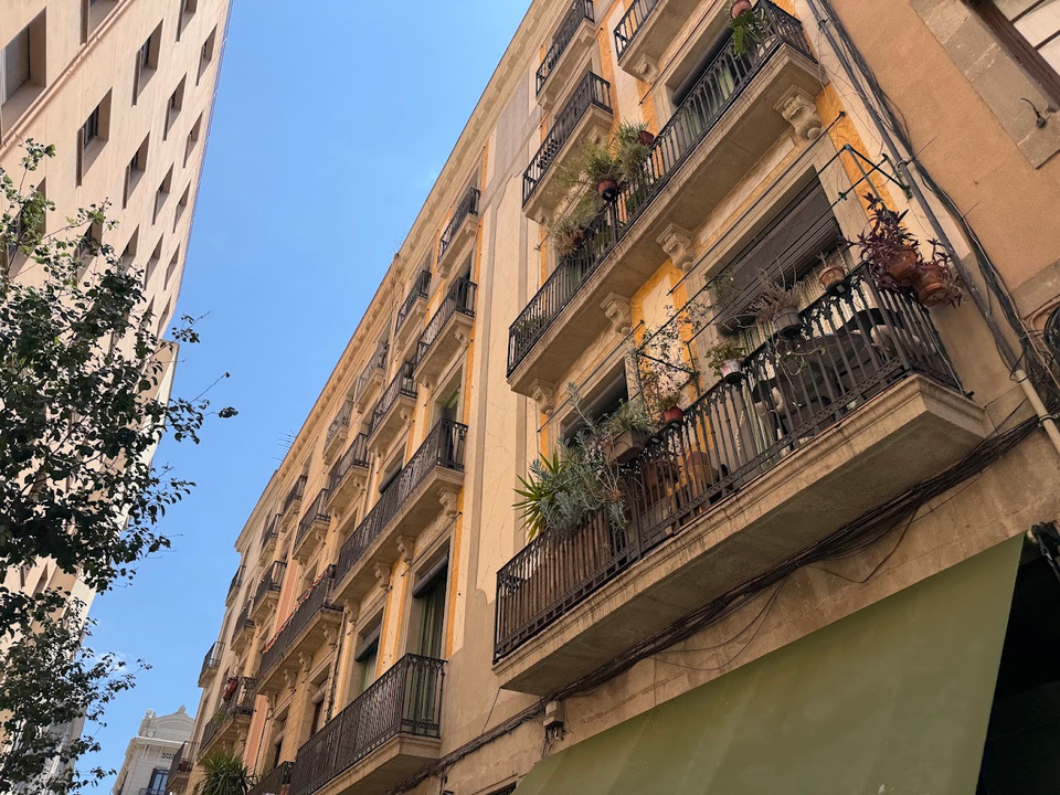A low-angle shot of two tall residential buildings with many balconies, some adorned with potted plants, against a clear blue sky.