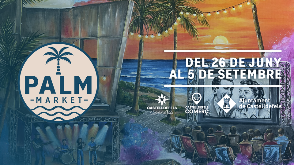 Evening scene at Palm Market in Plaça de les Palmeres, Castelldefels, with crowds gathering around food trucks and a stage under palm trees by the sea.