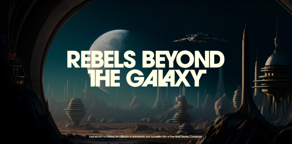 Display cases containing Star Wars collection pieces at the Rebels Beyond the Galaxy exhibition in CASA CUPRA Raval, Barcelona.