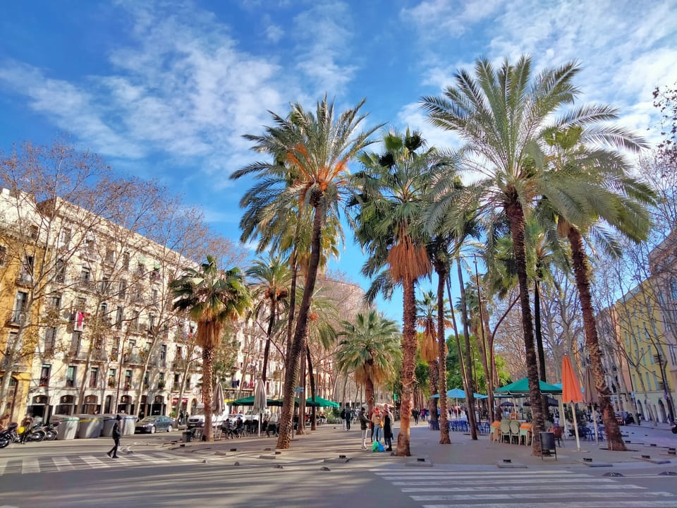 A view of Rambla del Raval in Barcelona, a busy pedestrian street where a stabbing occurred in broad daylight, with police activity visible in the background.