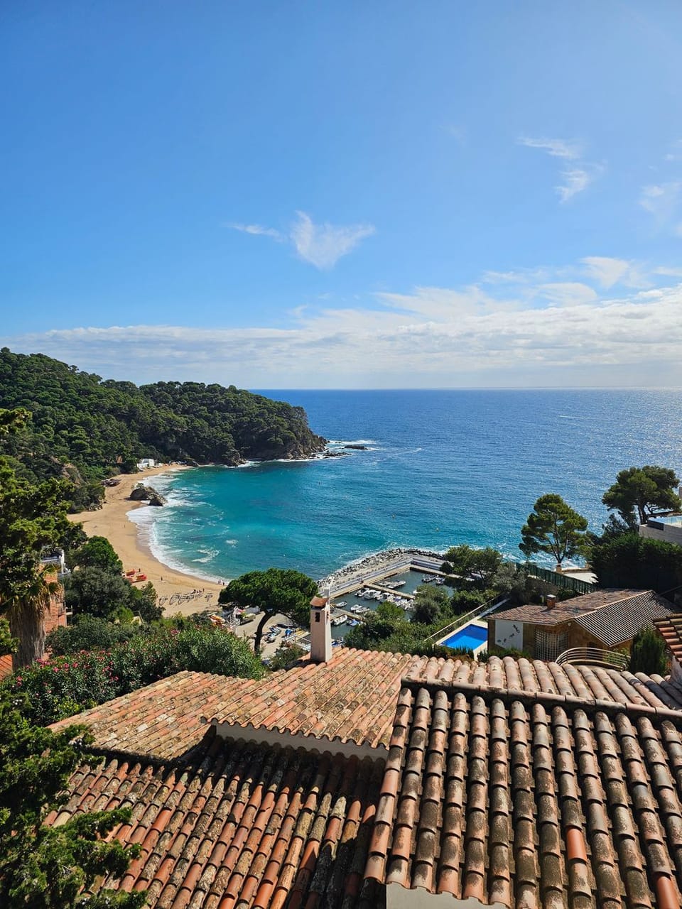 A rocky stretch of the Costa Brava coastline with Mediterranean vegetation above clear coastal water.