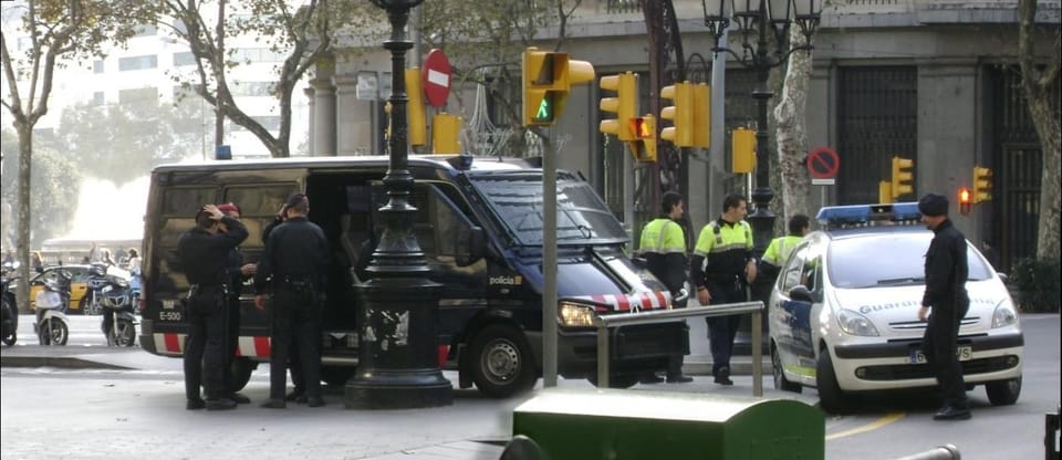 The twin towers of the Policia Nacional and Mossos d'Esquadra headquarters on Placa d'Espanya, Barcelona