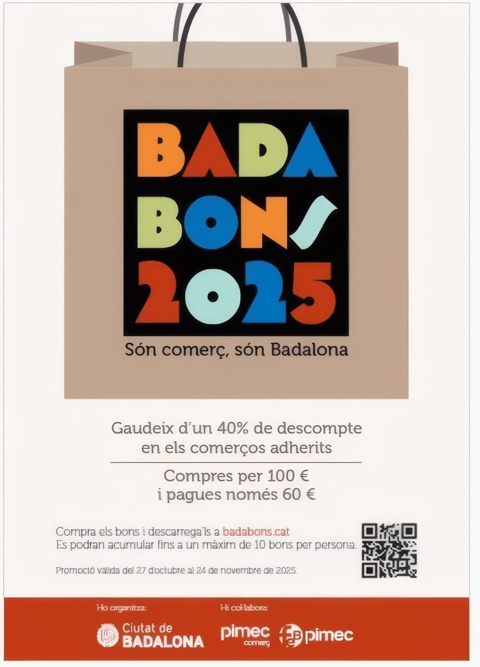 A digital voucher display overlaid on a street scene of Badalona shops, illustrating the city's new 40% discount scheme for local commerce.