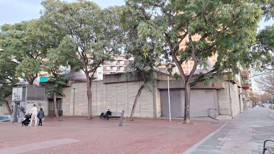 Exterior view of Mercat de Felip II in the Sant Andreu district of Barcelona, showing its current architectural façade ahead of planned renovations.