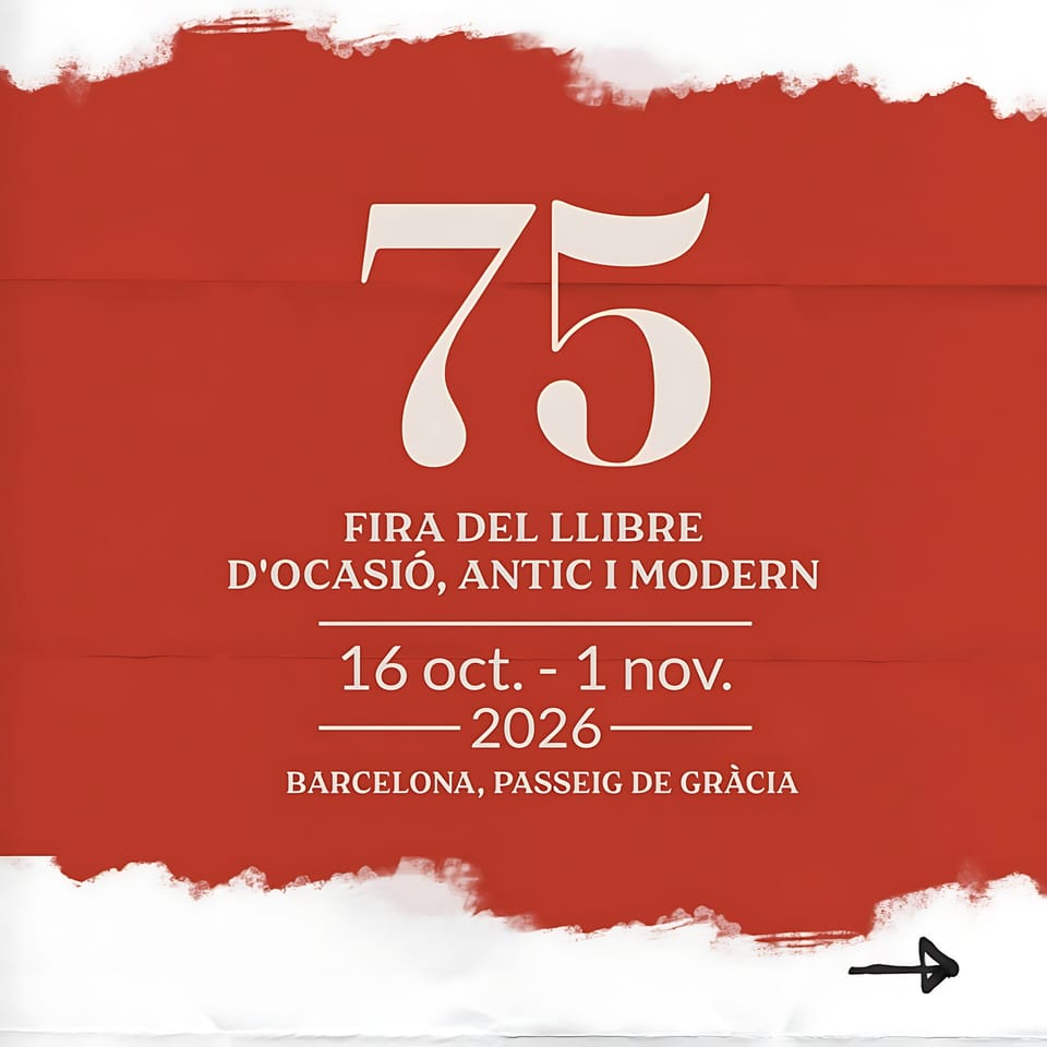 Passeig de Gràcia in Barcelona lined with bookstalls for the Old and Modern Book Fair, with autumn foliage and city architecture in the background.