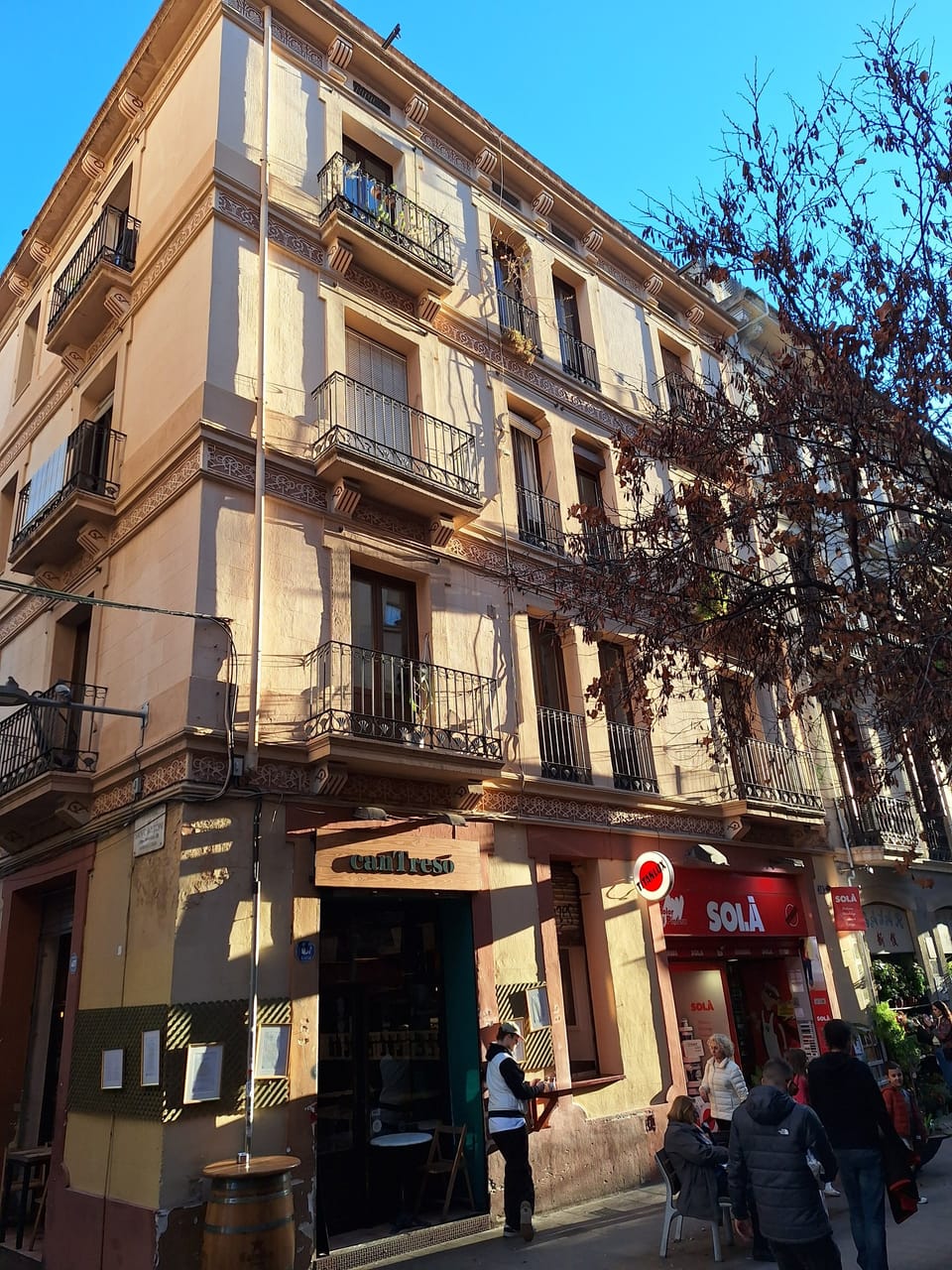 Aerial view of Plaça Anna Frank in Barcelona's Gràcia district, showing the expanded public space and surrounding buildings including the site at Travessia Sant Antoni 14.