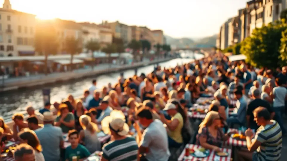 Crowds enjoying the annual picnic along the Lleida canalisation.
