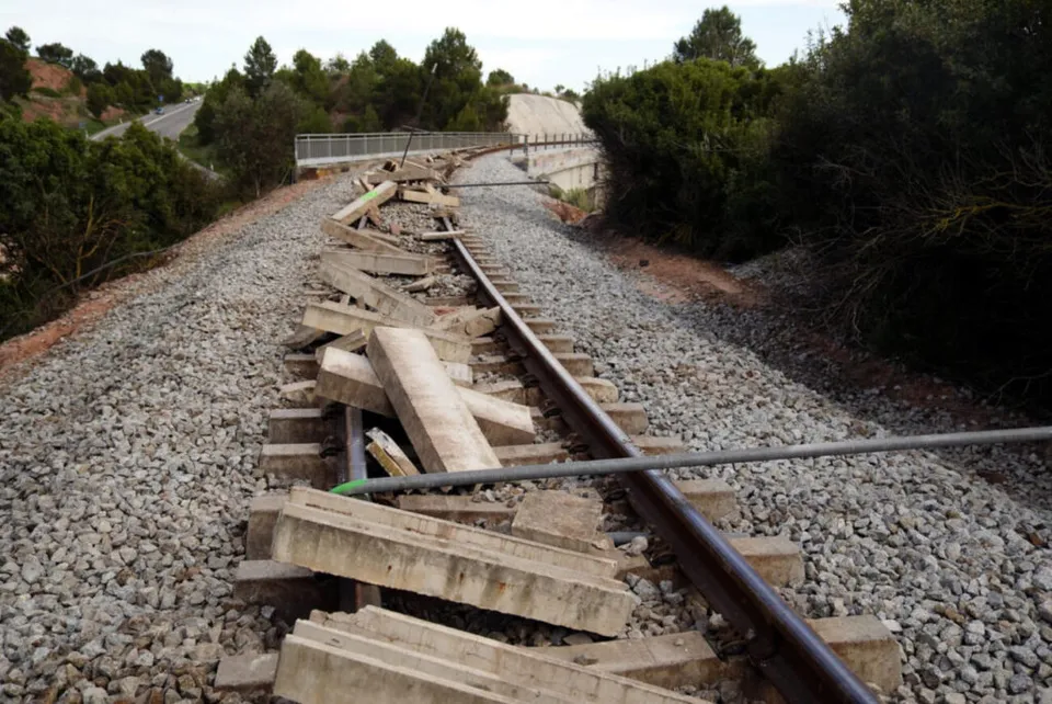FGC workers repairing the sabotaged railway track on the Súria potash line in Bages, Catalonia