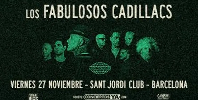 Los Fabulosos Cadillacs performing live on stage with a large crowd in front of them.